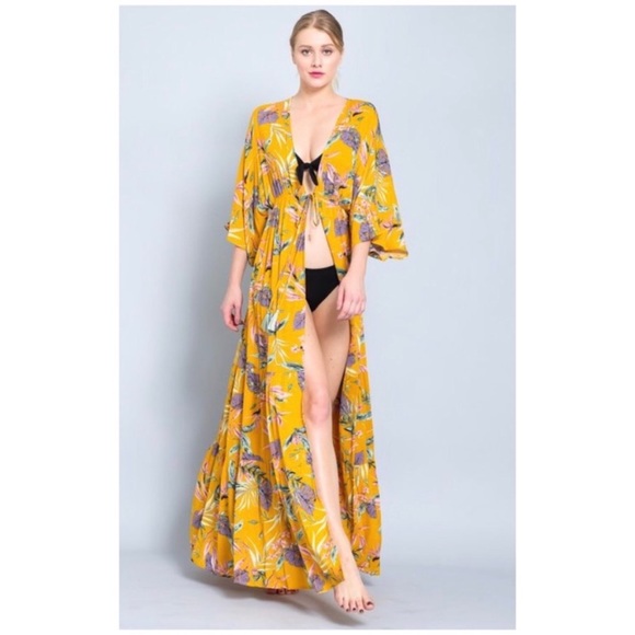 Mustard Floral Maxi Kimono Coverup Wrap Duster - Picture 2 of 8